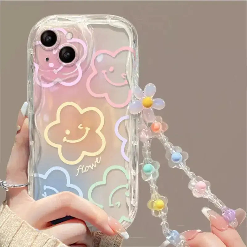 Flower Bracelet Wrist Strap Phone Case for iPhone 16 15 14 13 12 Mini Pro Max XR XS 8 7 Plus SE 2020 2022 – Back Cover with Chain SKAVOORA