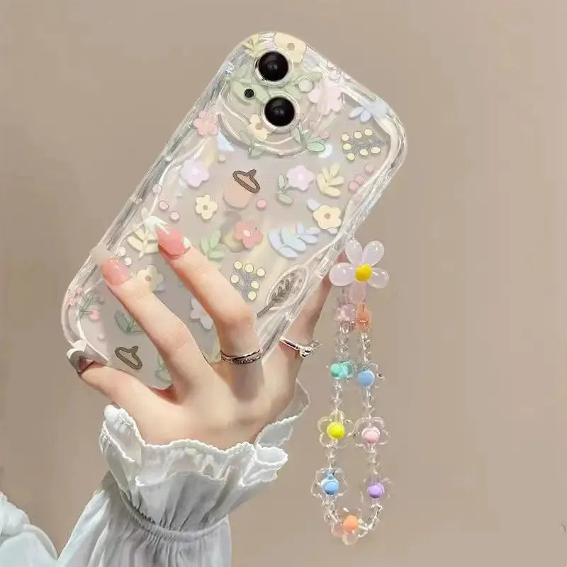 Flower Bracelet Wrist Strap Phone Case for iPhone 16 15 14 13 12 Mini Pro Max XR XS 8 7 Plus SE 2020 2022 – Back Cover with Chain SKAVOORA