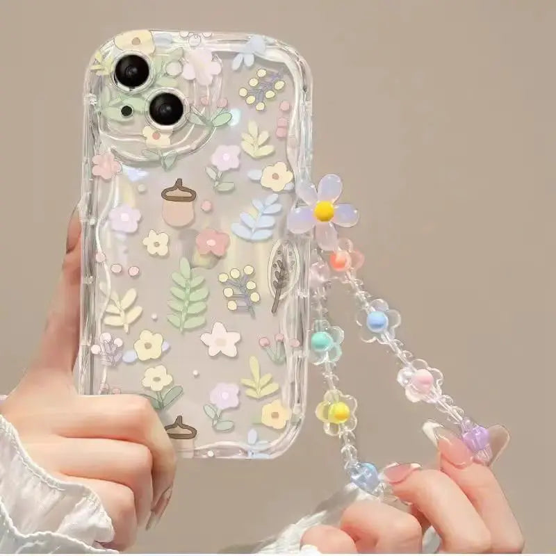 Flower Bracelet Wrist Strap Phone Case for iPhone 16 15 14 13 12 Mini Pro Max XR XS 8 7 Plus SE 2020 2022 – Back Cover with Chain SKAVOORA
